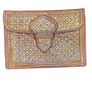 Clutch envelope Tangerine Orange Soft Leather Gold Stamped Accent White Border